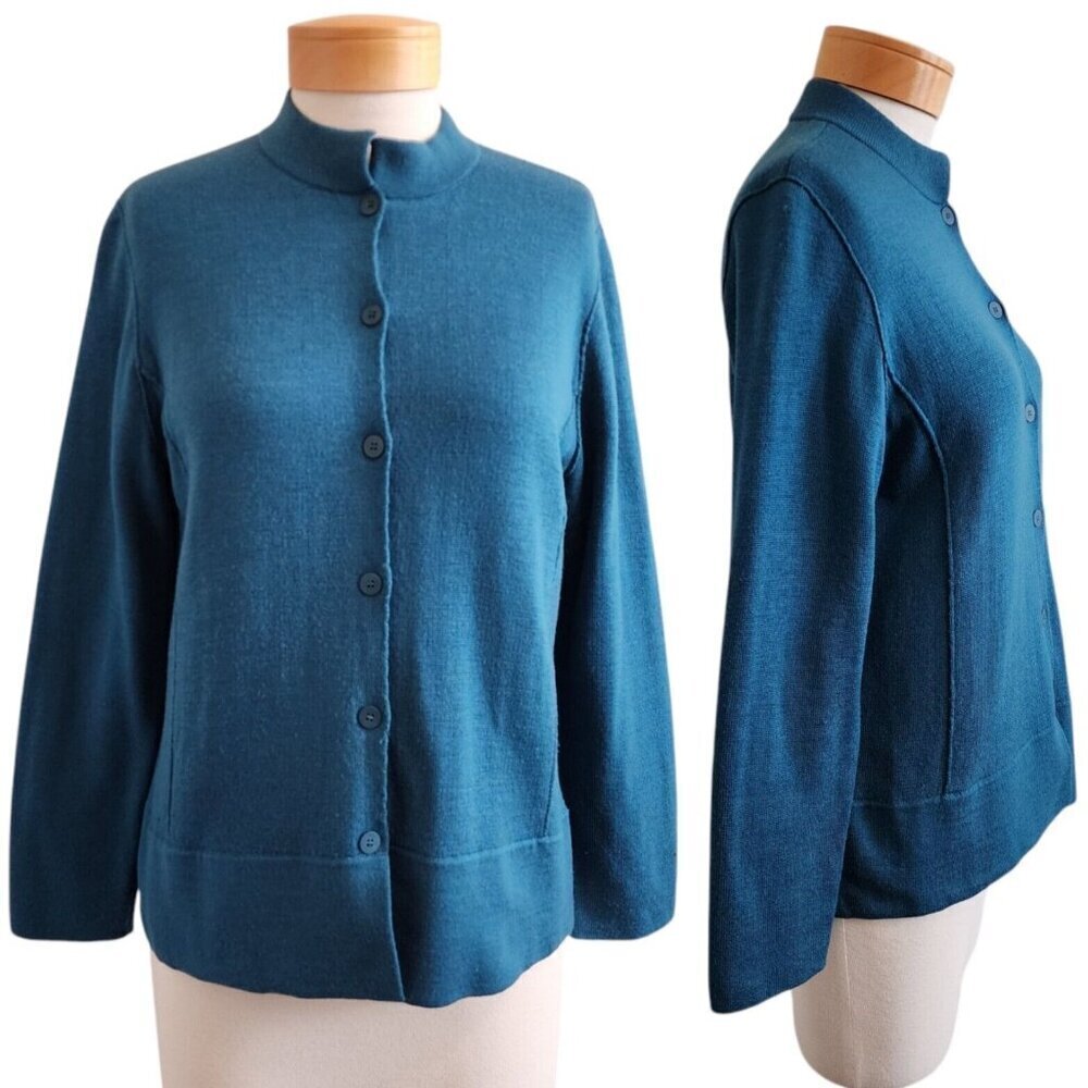 Eileen Fisher Peacock Blue Italian Merino Wool Knit Button Sweater Jacket S